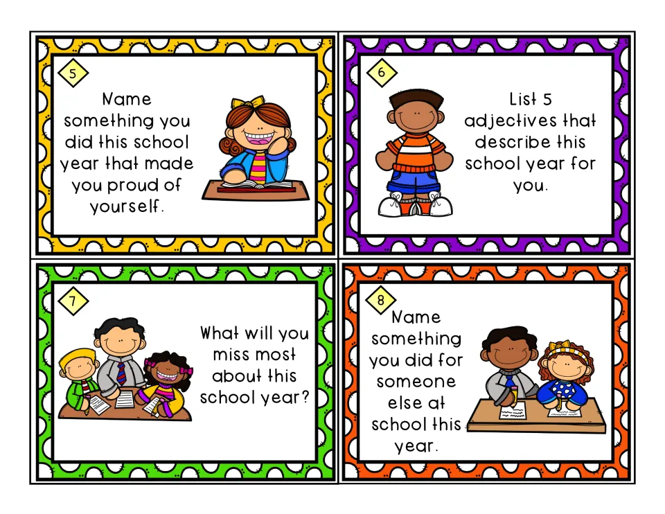 Reflection cards 5-8: something you are proud of, 5 adjectives for the year, what you will miss, what you did for others