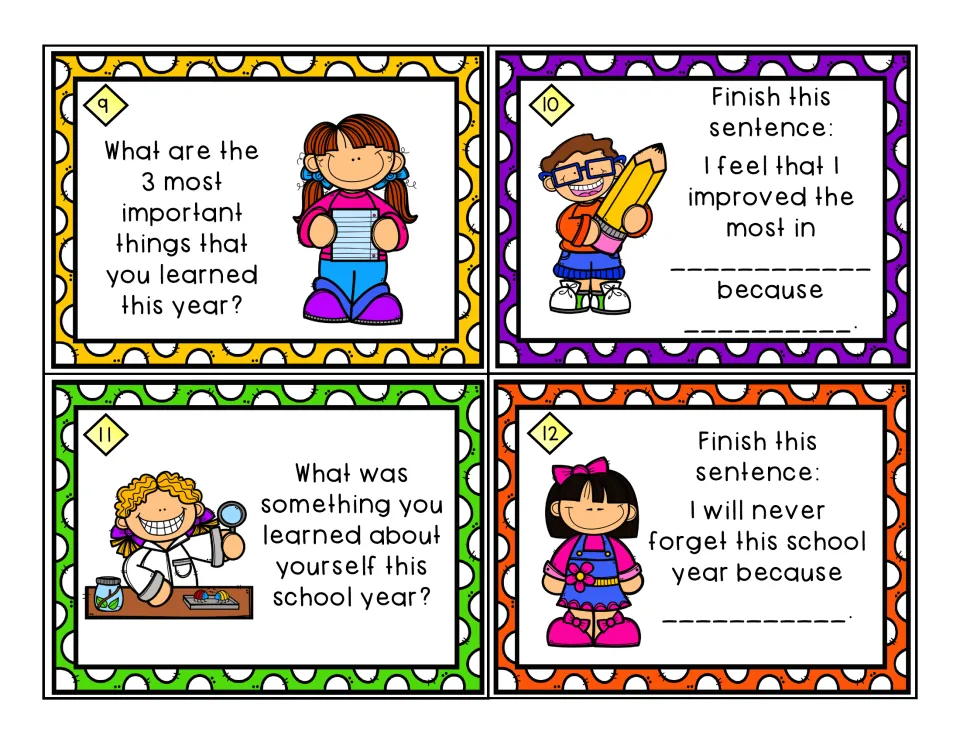 Reflection cards 9-12: 3 key things learned, where you improved, learning about yourself, why you won't forget the year