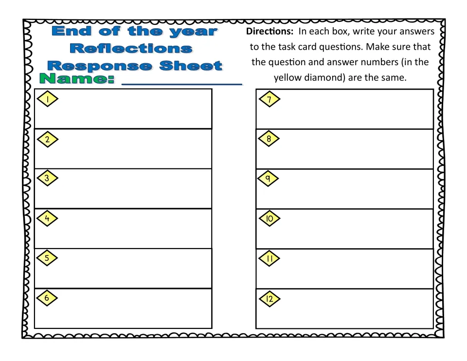 End of the year reflections response sheet: students write their name and answer each card question in numbered spaces 1-12