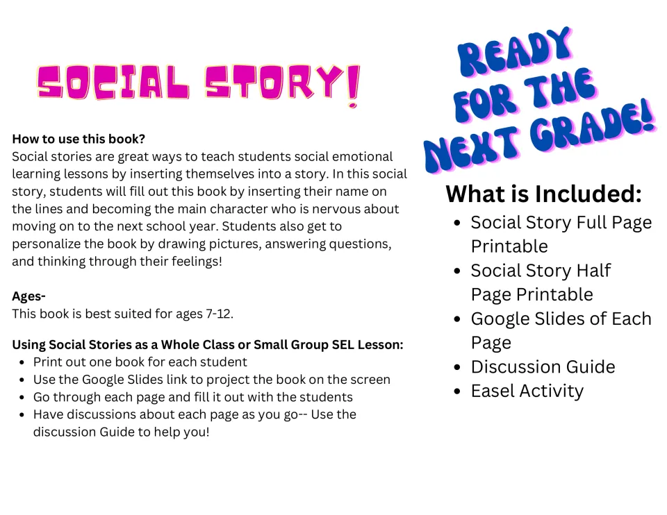 Social story overview: how students write their name in the book, ages 7-12, lesson steps and list of included formats