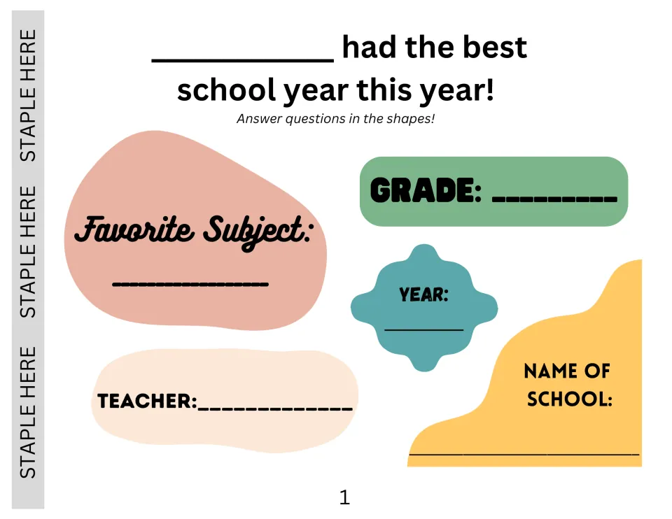 Best school year page: students fill in their name, favorite subject, grade, year, teacher and school name