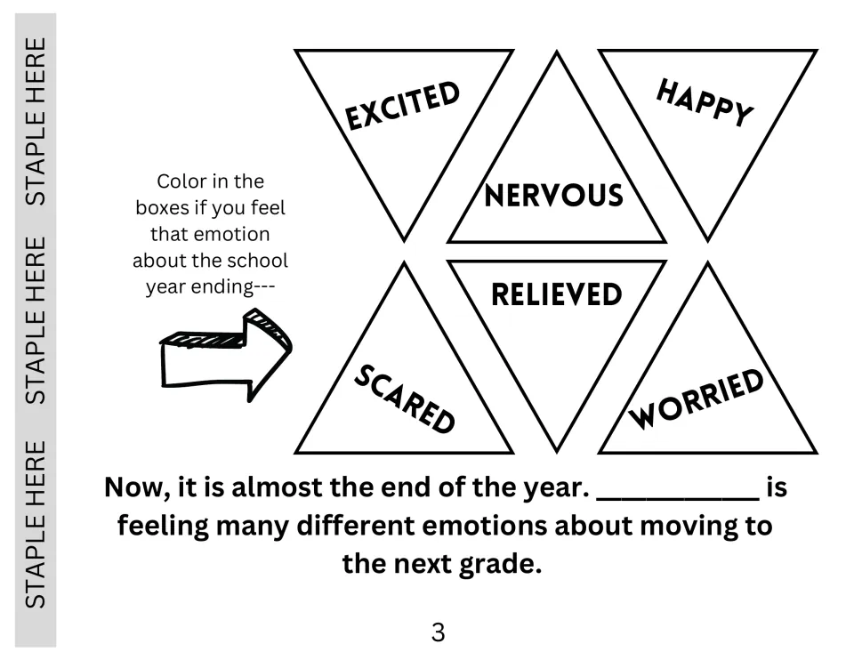 Feelings about the year ending: students color triangles for excited, happy, nervous, relieved, scared or worried