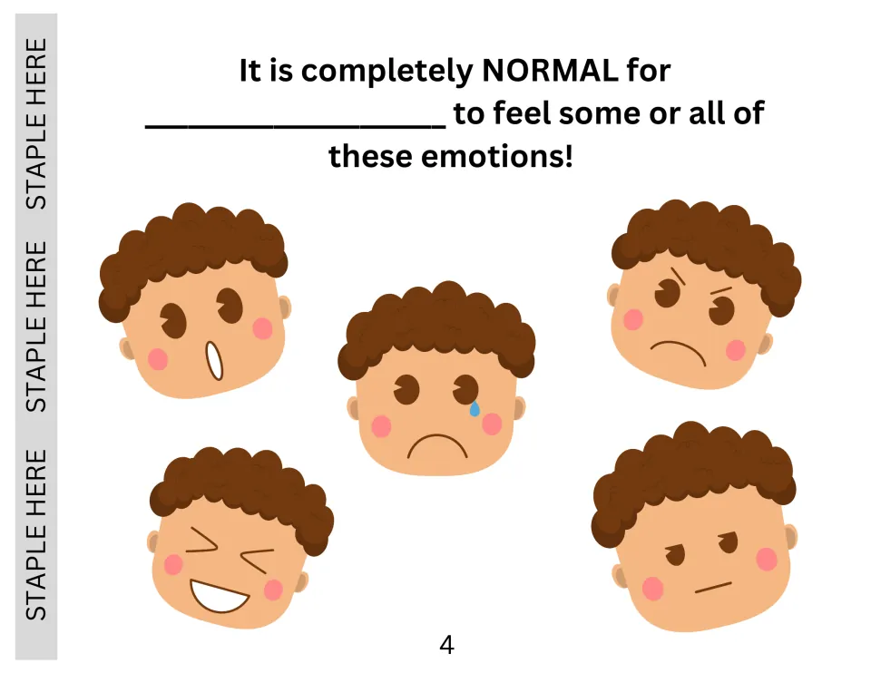 Normal feelings: students add their name to a sentence saying it is NORMAL to feel these emotions, shown by five faces