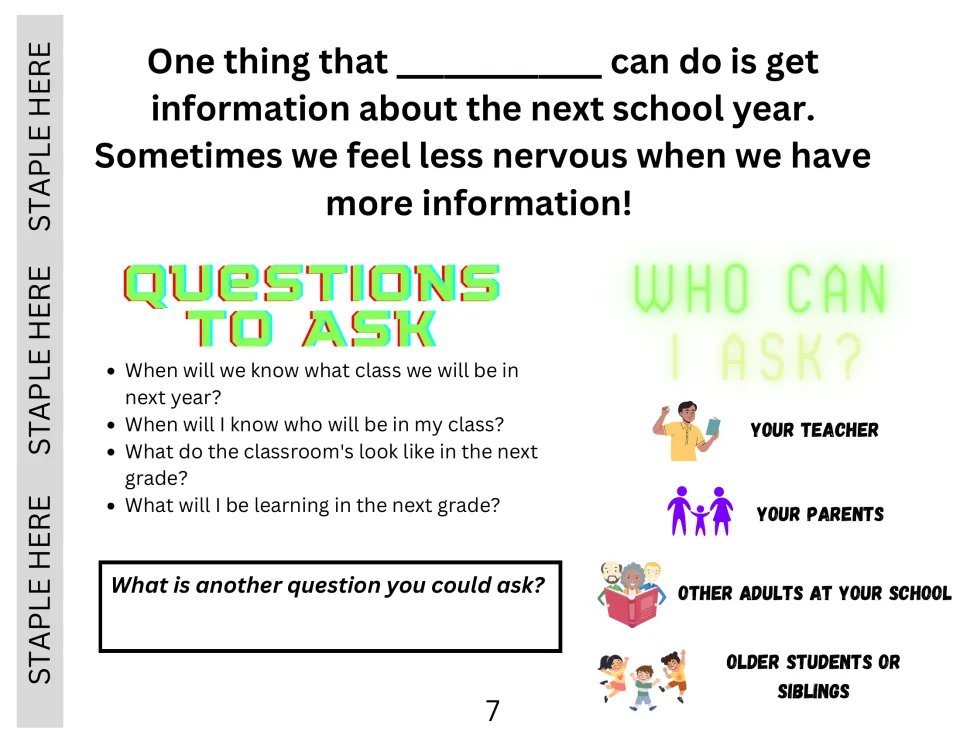 Getting information about next year: sample questions, students write one of their own, and who they can ask