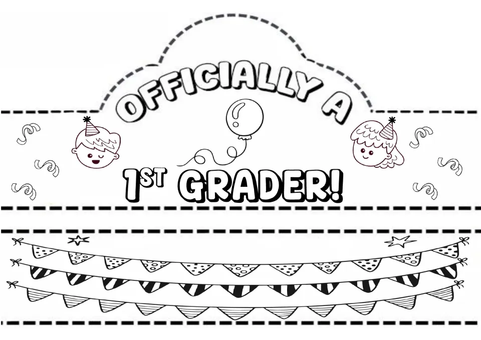 Kindergarten moving-up crown: students color and cut out an "Officially a" front, balloon and bunting band