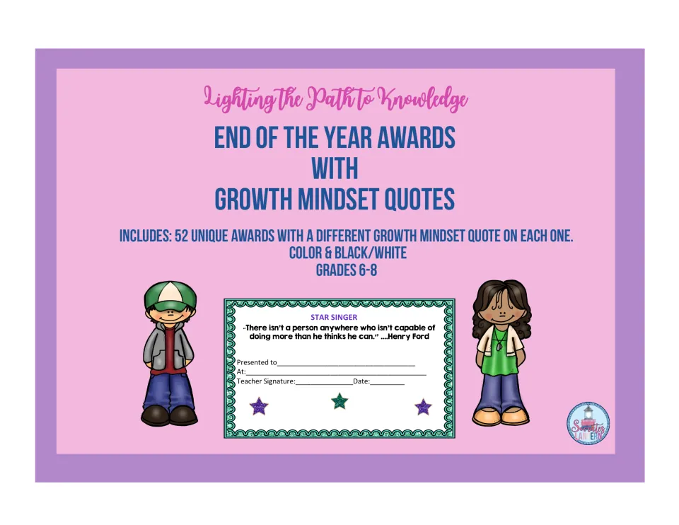 Cover: end-of-year certificate set of 52 awards, each with a growth mindset quote, shown with a Star Singer sample