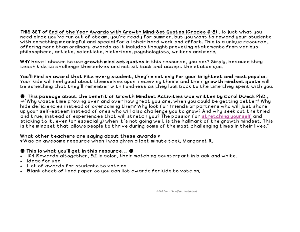 Teacher introduction on why growth mindset quotes are used, with a Carol Dweck passage and a list of what is included