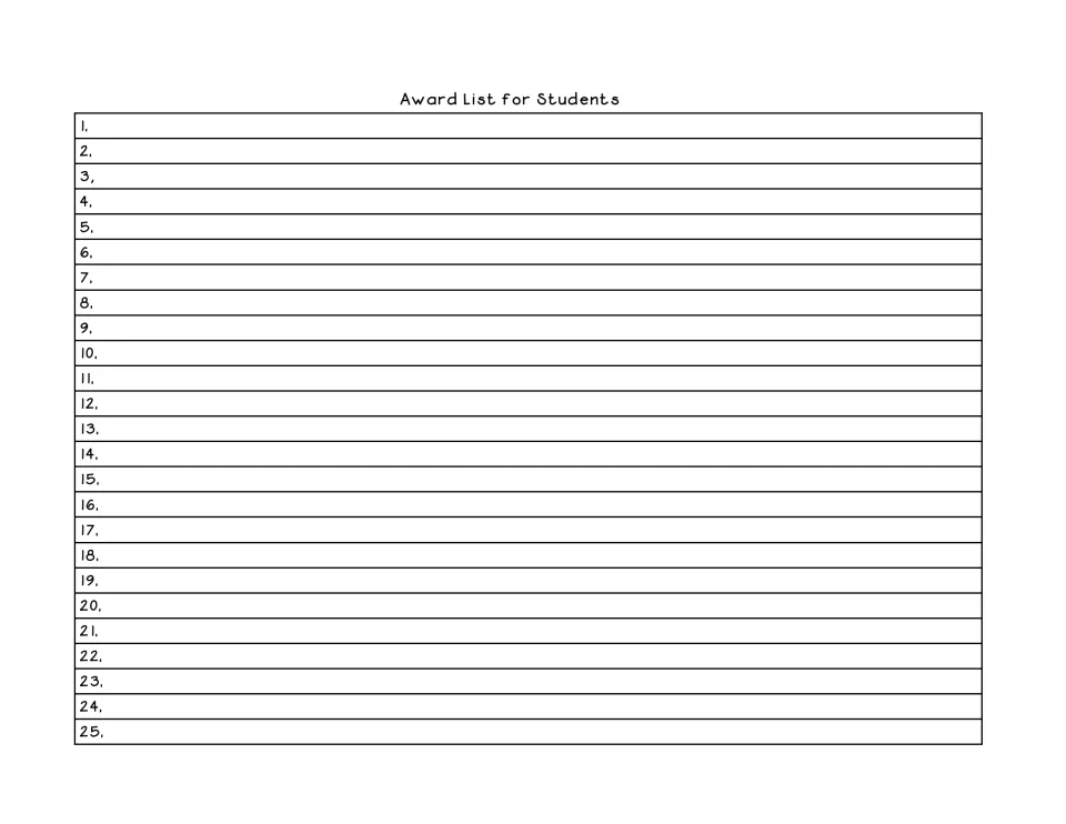 Blank student voting list numbered 1 to 25 so the teacher can write in custom titles for the class to vote on