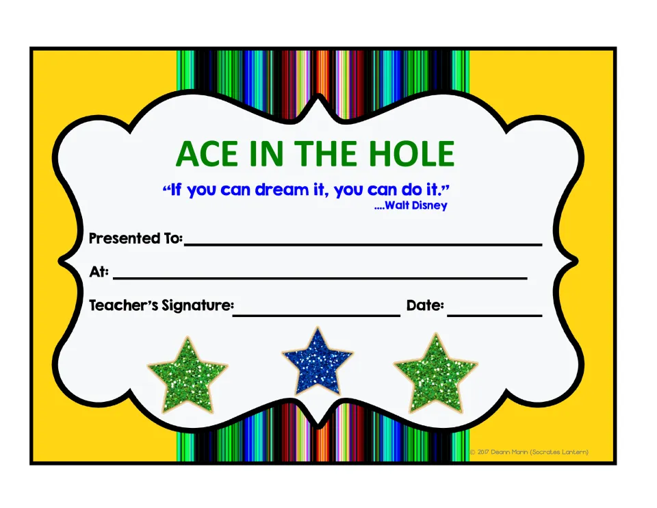 Ace in the Hole certificate in color: Walt Disney quote "If you can dream it, you can do it" with name and signature fields
