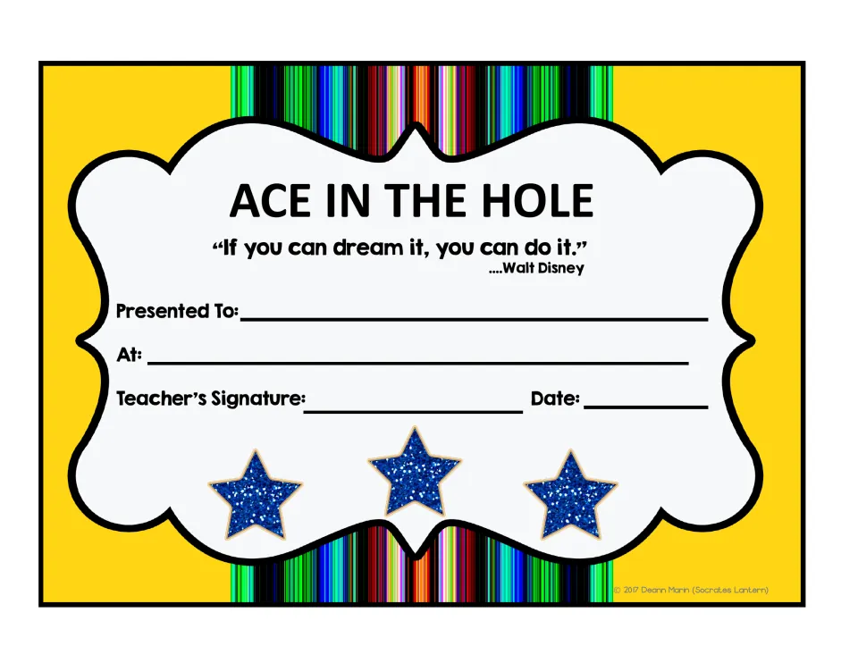 Ace in the Hole certificate, alternate version with a black heading, repeating the Walt Disney dream quote