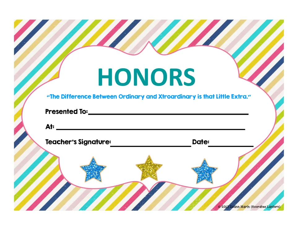 Honors certificate in color with the quote on the little extra between ordinary and extraordinary, plus signature fields