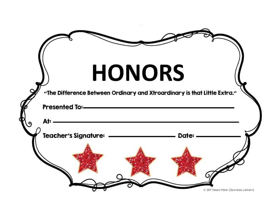 Honors certificate in a black outline style with the same ordinary-to-extraordinary quote and three red stars