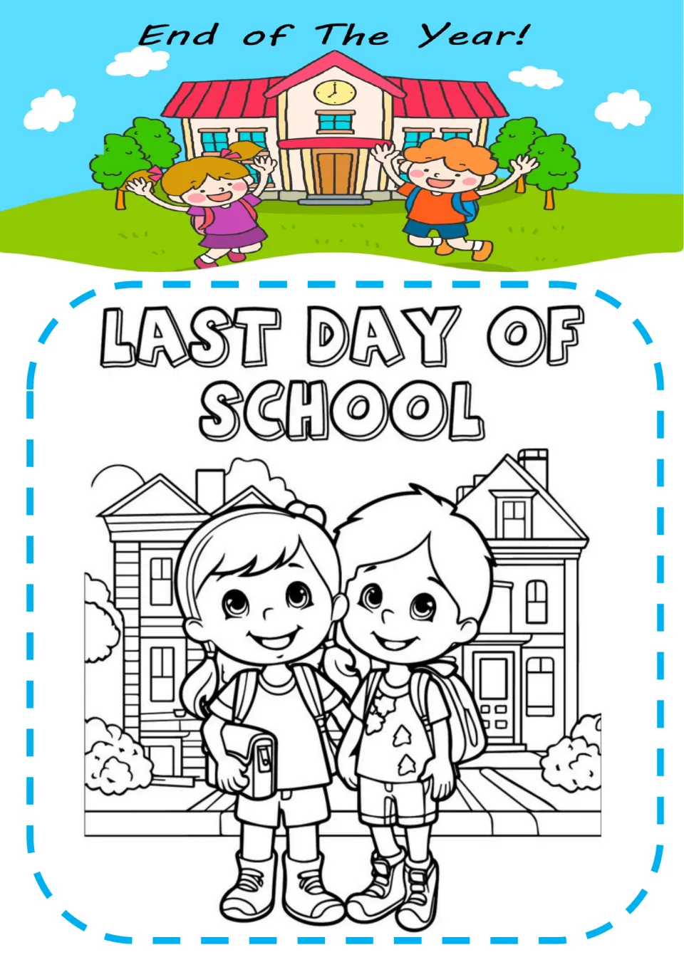 Last Day of School coloring page: a smiling girl and boy with backpacks stand outside a school building, ready to color
