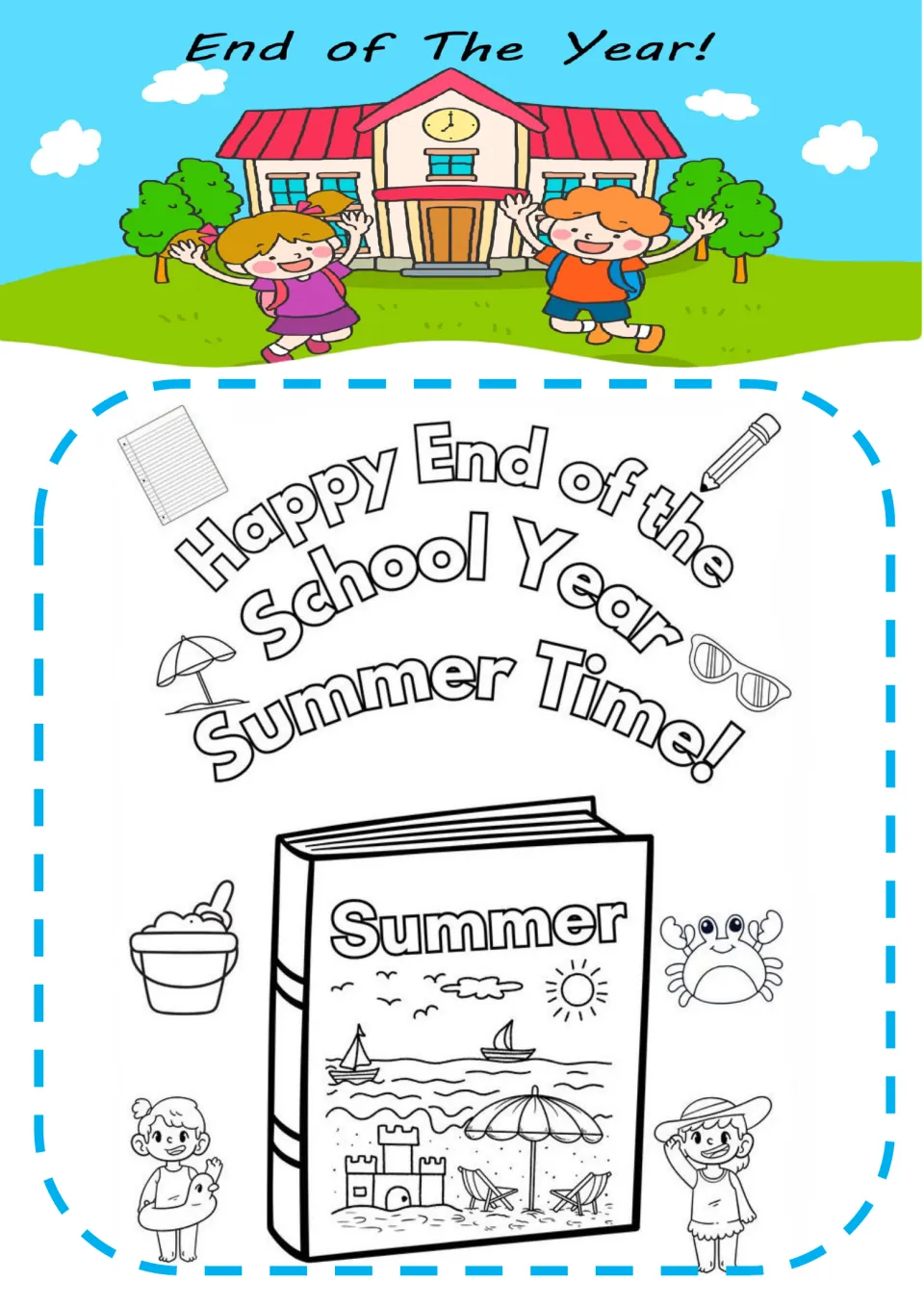 Happy End of the School Year, Summer Time! sheet to color: a Summer book with a beach scene, crab, sand bucket and kids