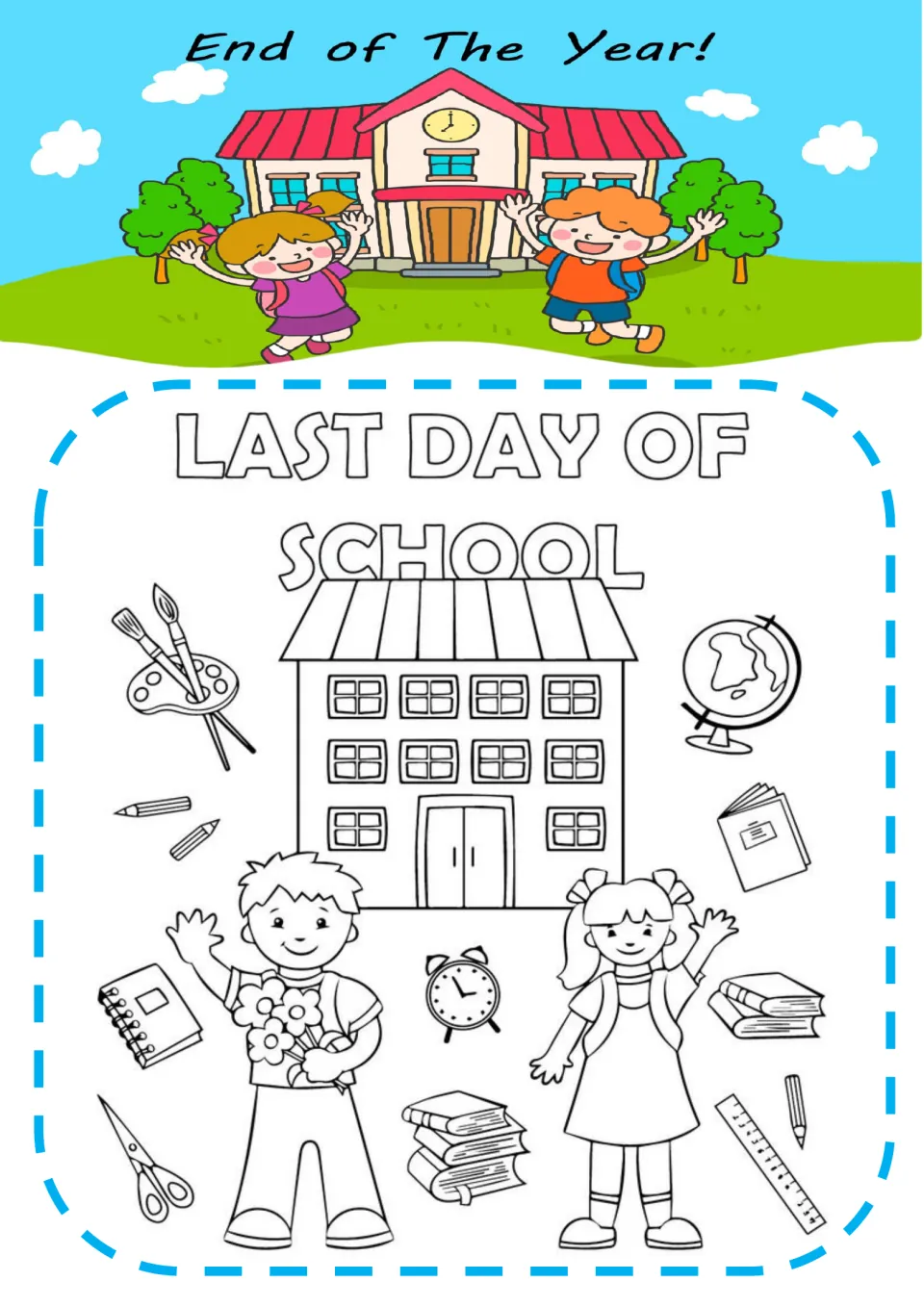 Last Day of School picture to color: waving boy and girl in front of a school, surrounded by books, clock, globe, ruler