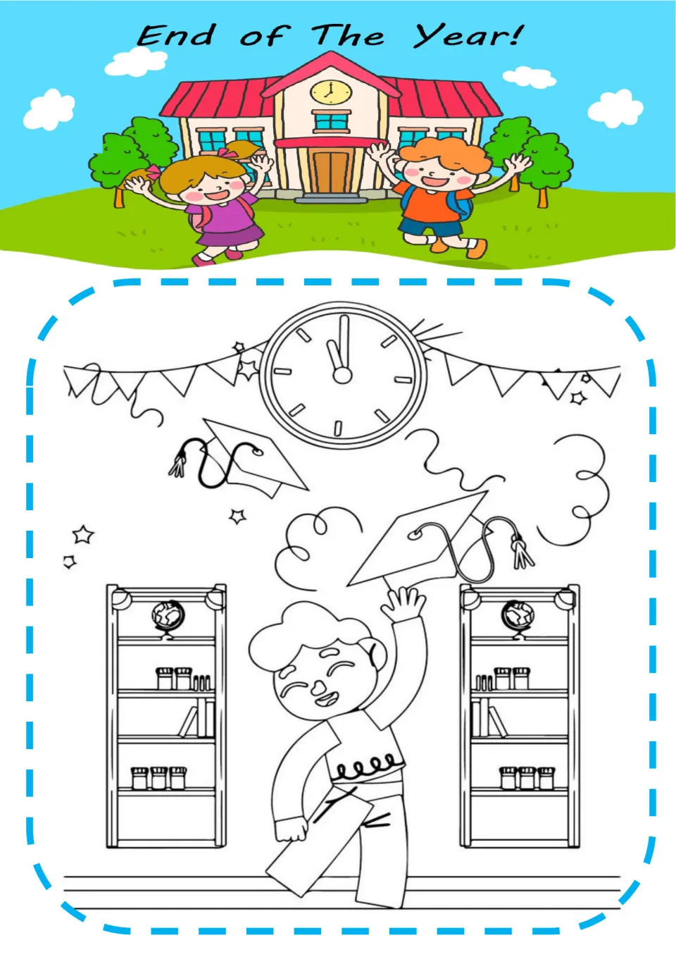 Graduation scene to color: a student tosses a mortarboard cap beneath a clock and bunting, with bookshelves on each side