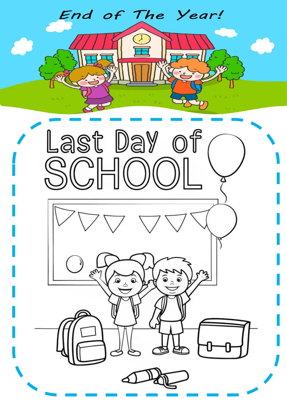 Last Day of SCHOOL coloring scene: two cheering children by a chalkboard with bunting, balloons, backpacks and markers