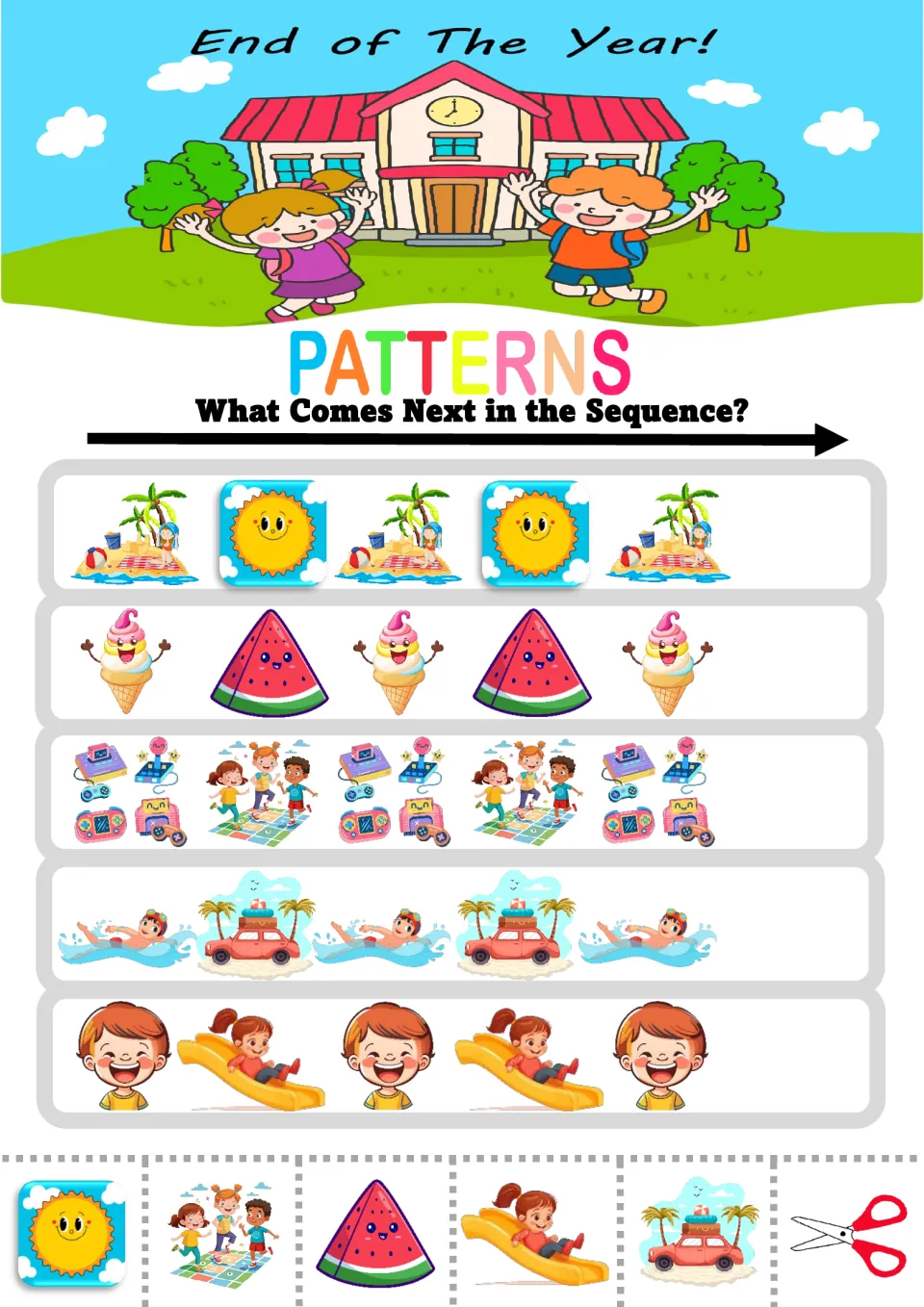 AB picture patterns: students cut out beach, sun, ice cream, watermelon and slide pictures to finish 5 summer sequences