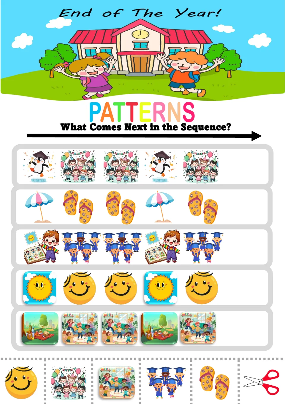 ABB patterns: students glue what comes next in penguin and party, umbrella and flip-flops, and sun and smiley sequences