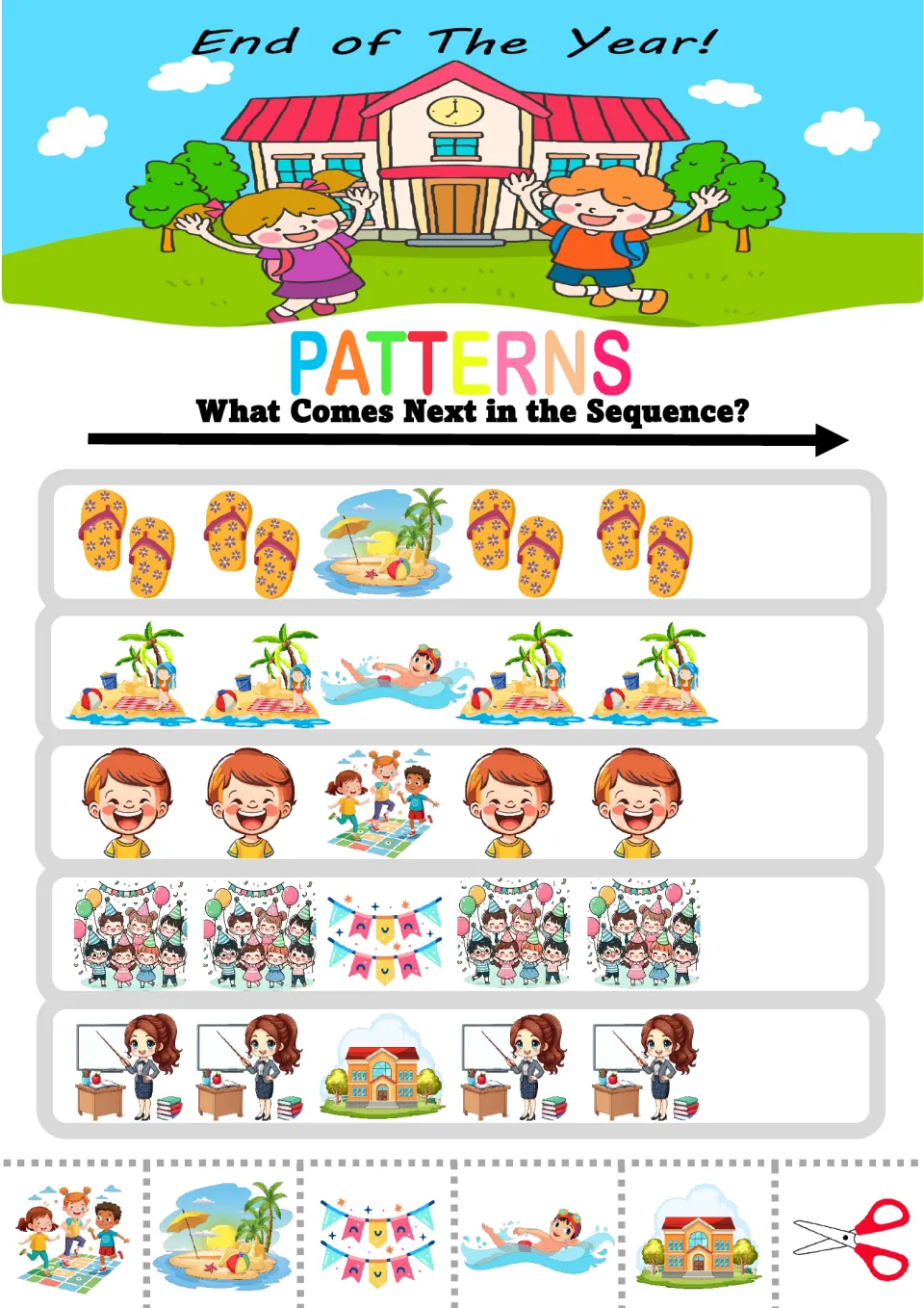 AABAA patterns: students pick the next picture in flip-flop, beach, boy's face, party kids and teacher sequences