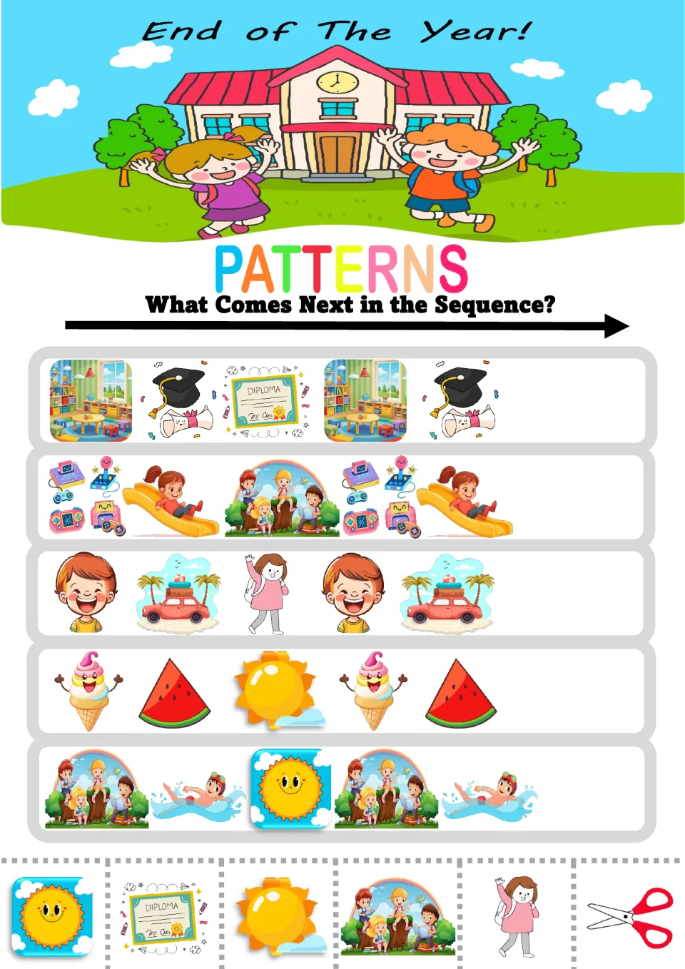 ABC patterns: students extend sequences such as classroom, grad cap, diploma or ice cream, watermelon, sun