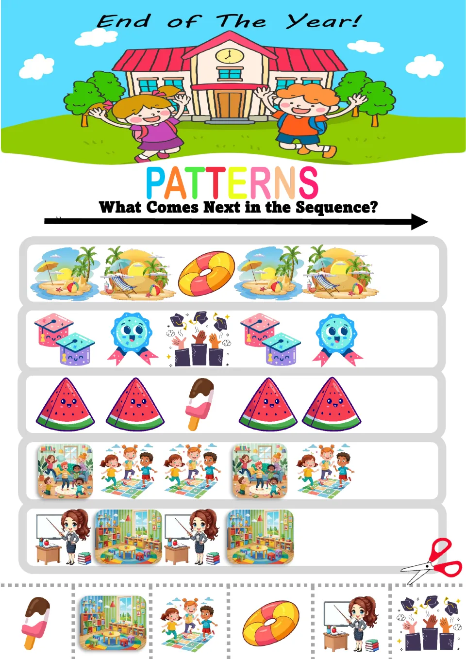Mixed patterns: students find what comes next with beach scenes, swim ring, grad hats, popsicle and teacher pictures