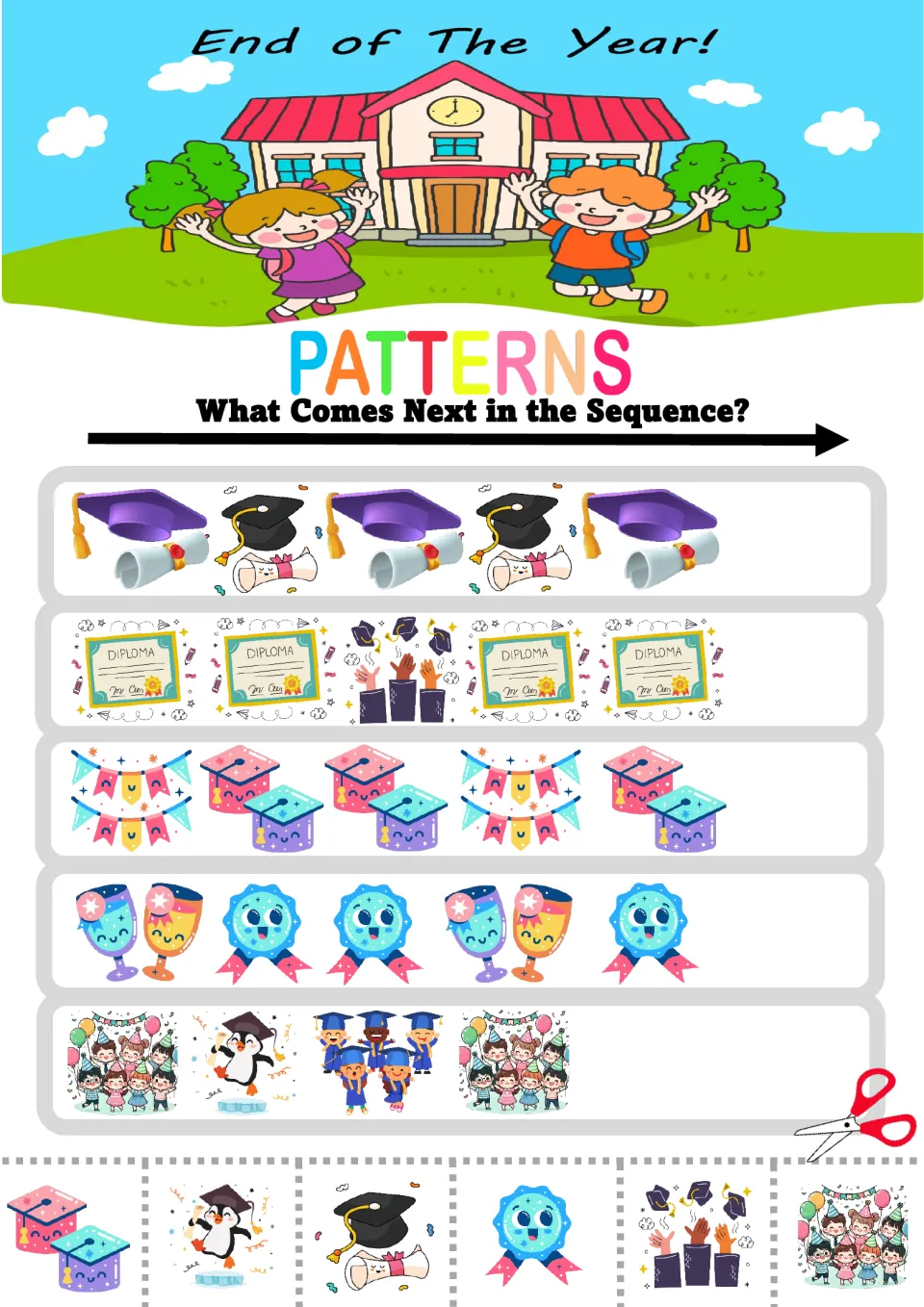 Graduation patterns: students extend sequences of grad caps, diplomas, party banners, trophies and medals with cut-outs