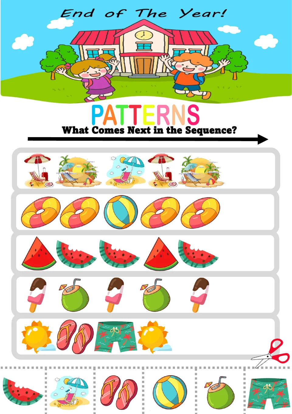 Summer patterns: students finish sequences of beach chairs, swim rings and beach ball, watermelon, popsicles and coconut