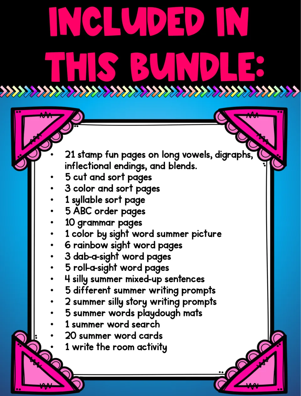 Bundle contents: stamp pages, cut and sort, ABC order, grammar, sight word games, summer writing prompts, playdough mats