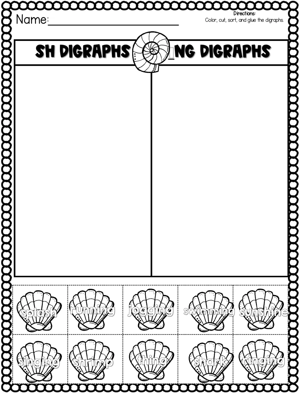 SH and _NG digraph sort: students color, cut and glue 10 seashell words such as splash, running, shrimp and ringing