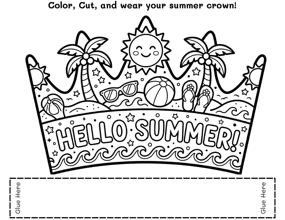Hello Summer! coloring crown: students color palm trees, a smiling sun, beach ball and flip-flops, then cut and glue it