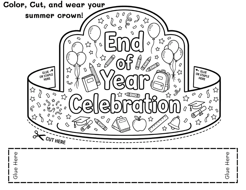 End of Year Celebration crown to color and cut, decorated with balloons, crayons, a backpack, grad caps and an apple