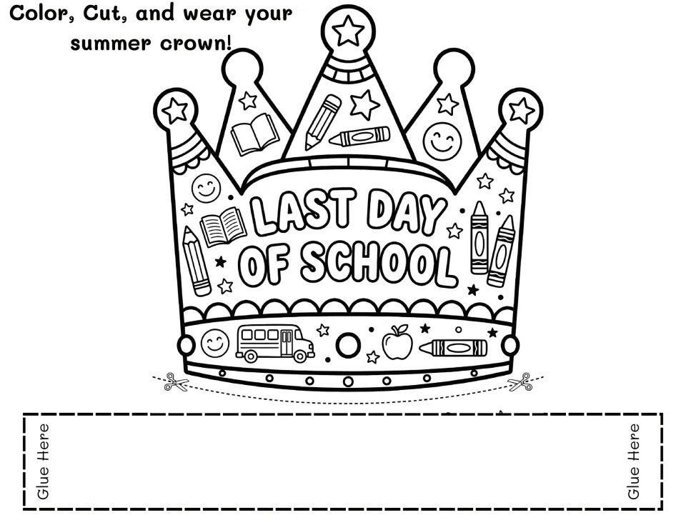 Last Day of School crown for coloring, with pencils, crayons, books, a school bus and an apple, plus a band to glue on