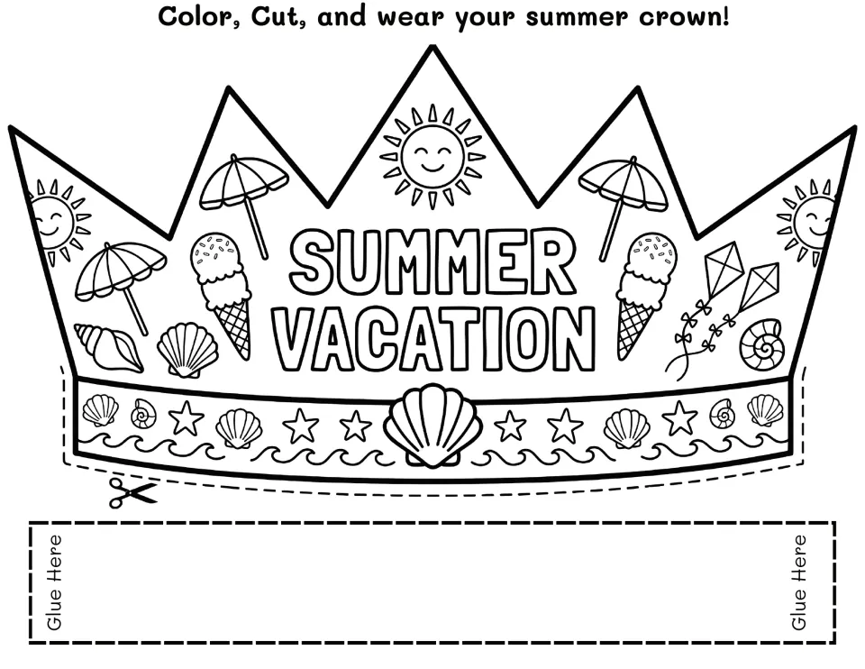 Summer Vacation crown to color and cut out, featuring beach umbrellas, ice cream cones, seashells, kites and suns