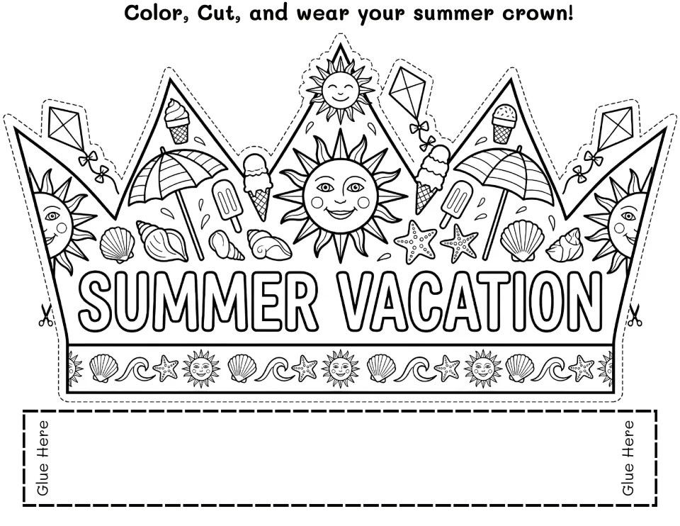 Detailed Summer Vacation crown to color with a large sun face, starfish, popsicles, kites and seashells along the band