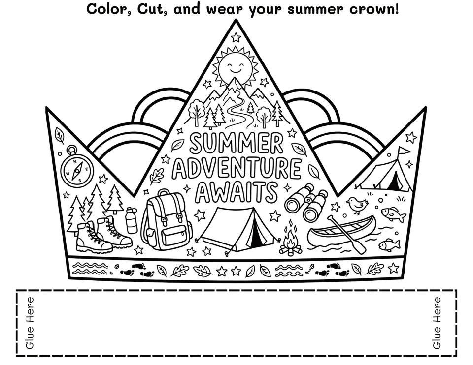 Summer Adventure Awaits crown to color, with camping images: a tent, backpack, compass, canoe, campfire and binoculars