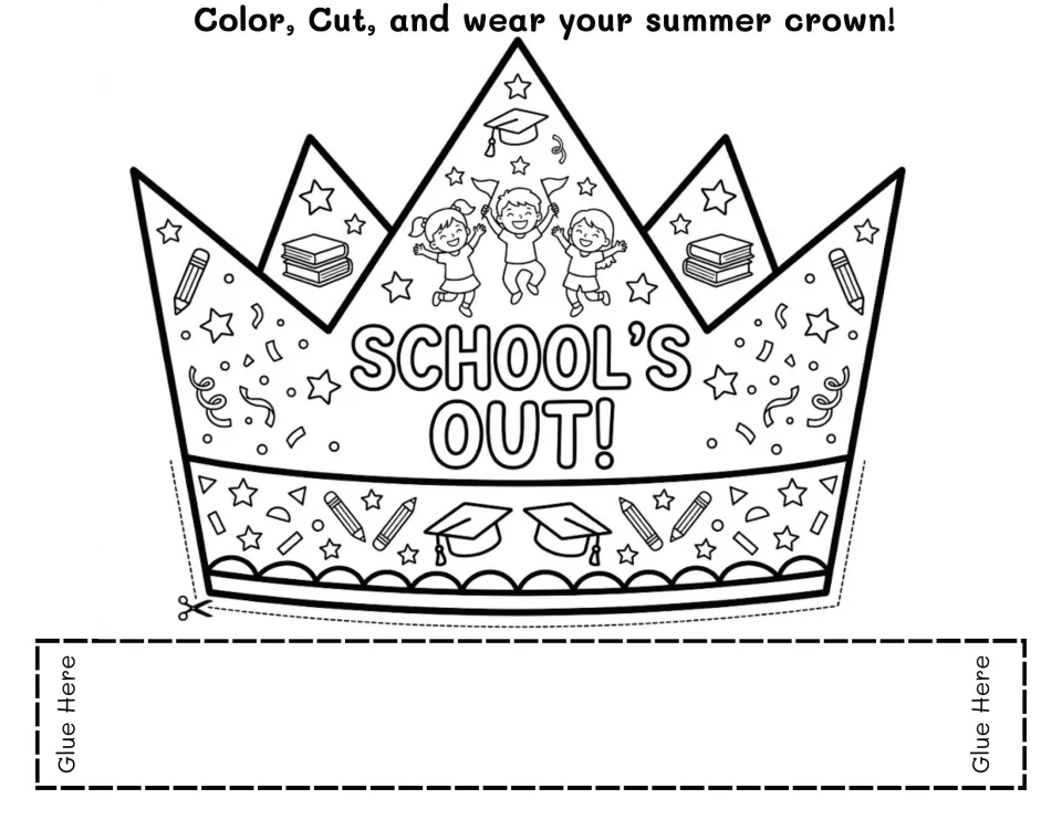 School's Out! crown to color and cut, showing three jumping children, graduation caps, stacked books and pencils