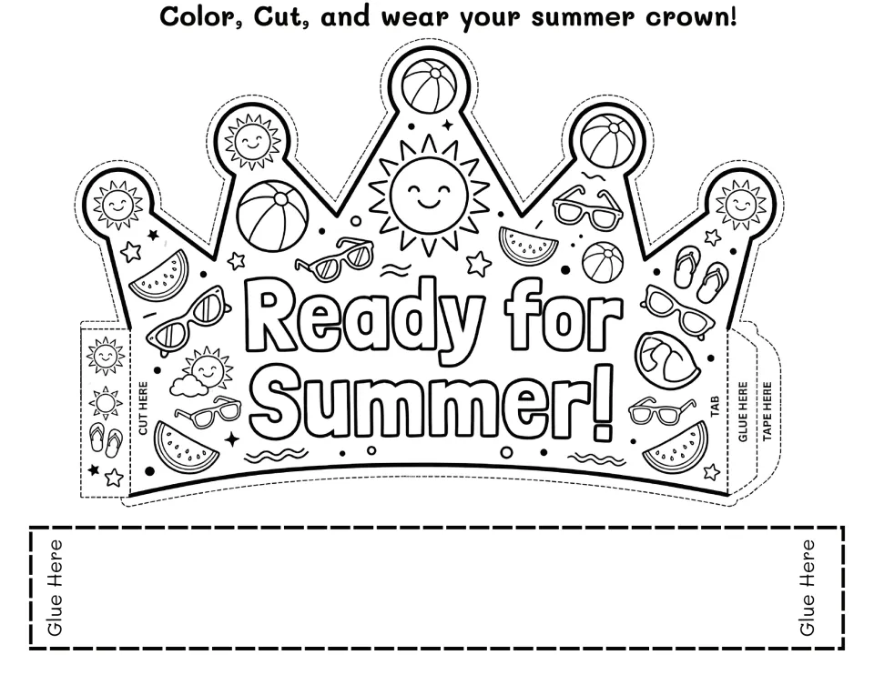 Ready for Summer! crown to color and cut, with beach balls, watermelon slices, sunglasses, suns and a tab to tape