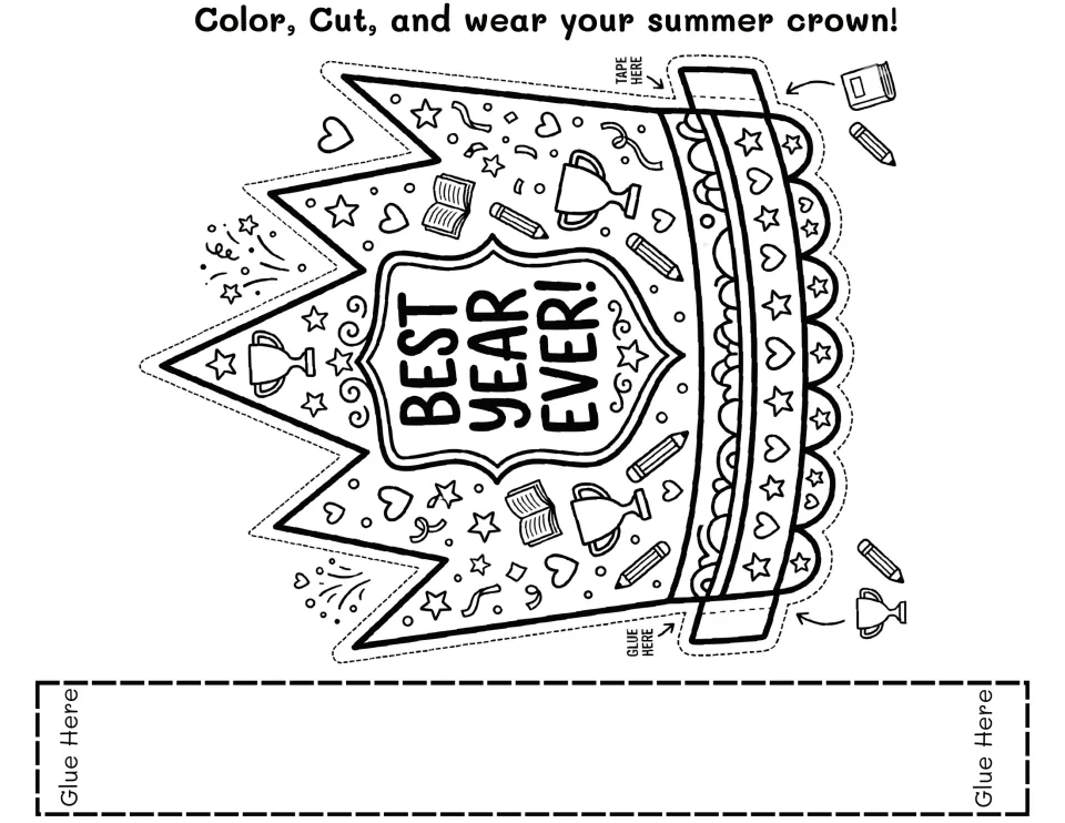 Best Year Ever! crown to color and assemble, decorated with trophies, books, pencils, hearts and stars, with tape tabs