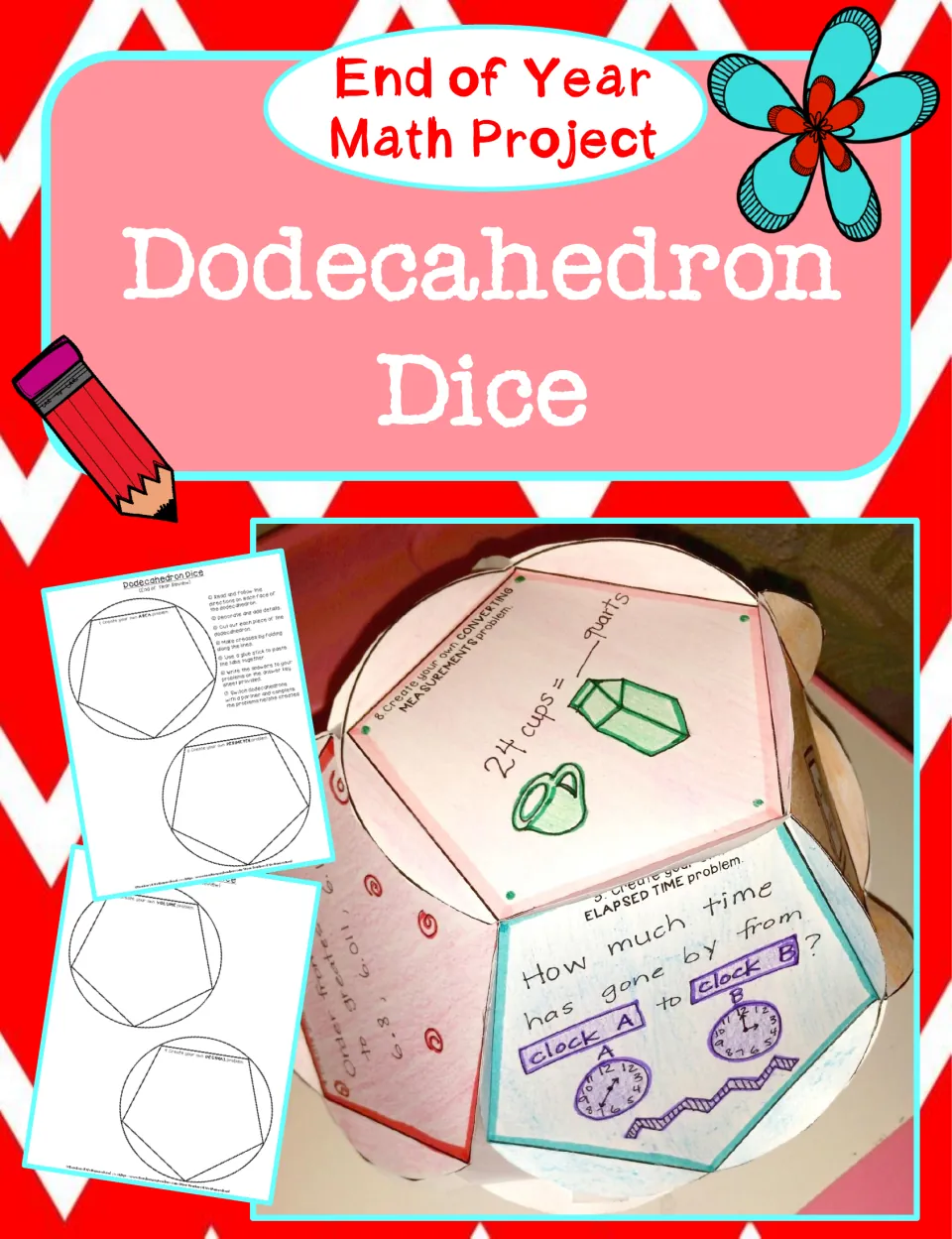 Dodecahedron Dice cover: end-of-year math project with a student-made 12-face die showing unit conversion and elapsed time