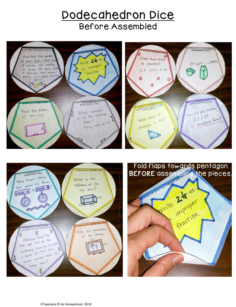 Before assembly: photos of colored pentagon pieces with student-written area, fraction, decimal and elapsed time problems