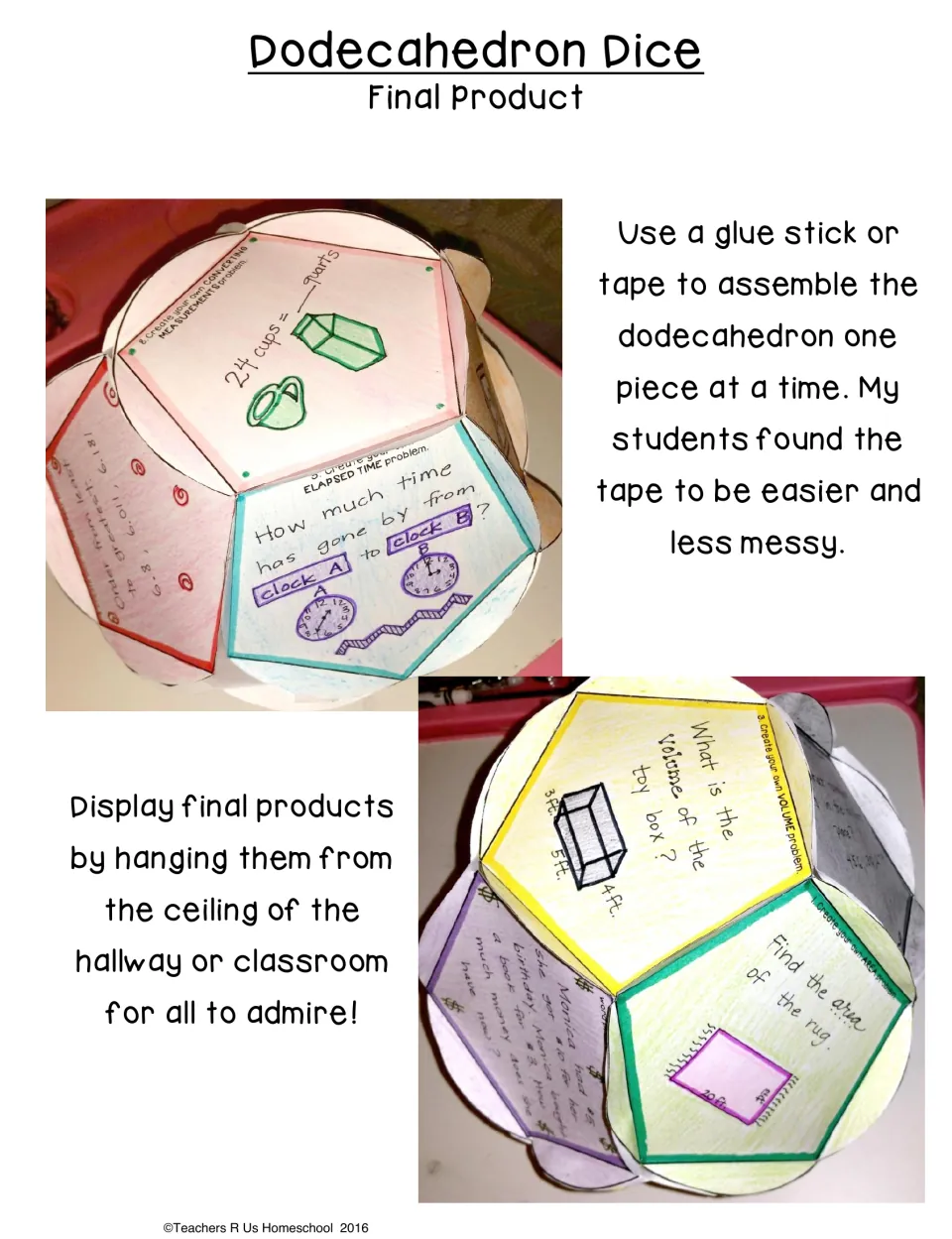 Assembled dodecahedron photos with tips to tape pieces one at a time and hang finished dice from the classroom ceiling