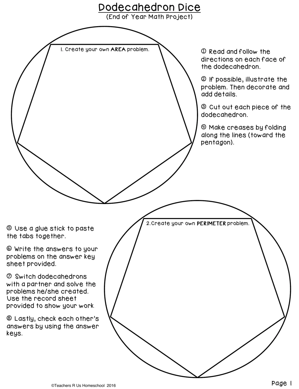 Area and perimeter pentagon pieces: students write their own problems, with 8 steps to cut, fold, glue and swap dice