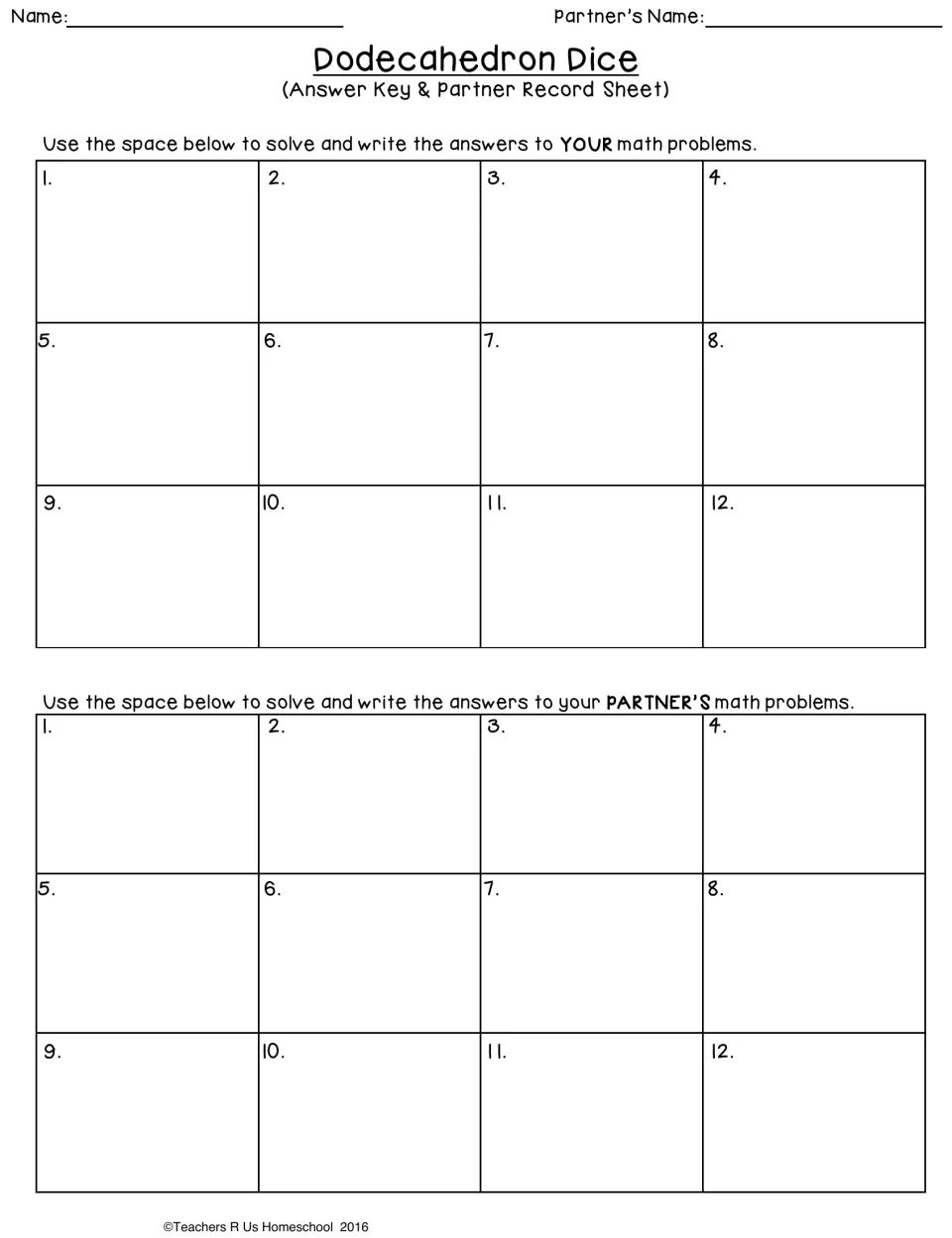 Answer and partner record sheet: students solve and write answers to their own 12 problems and their partner's 12