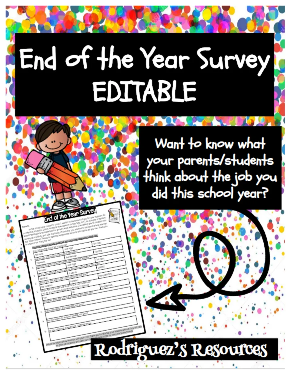 Cover of the editable year-end survey, introducing feedback from parents or students on the school year.