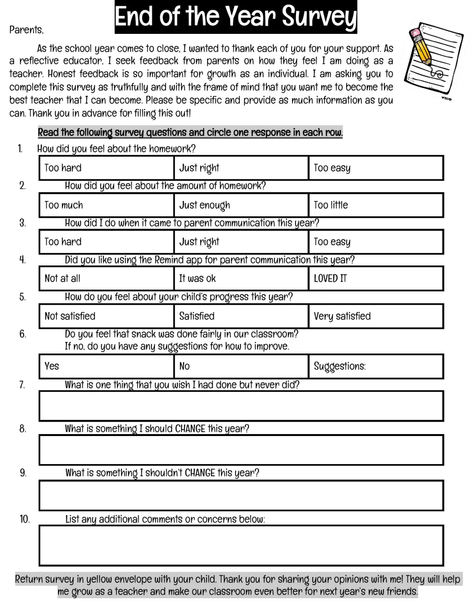 Parent survey with 10 questions on homework, communication, student progress, snack fairness, and changes.