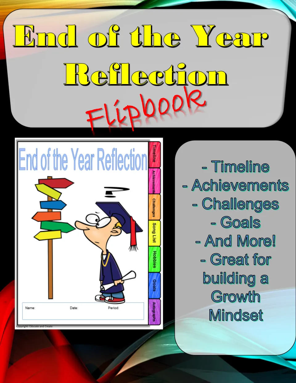 End of the Year Reflection Flipbook cover listing timeline, achievements, challenges and goals, with a graduate cartoon