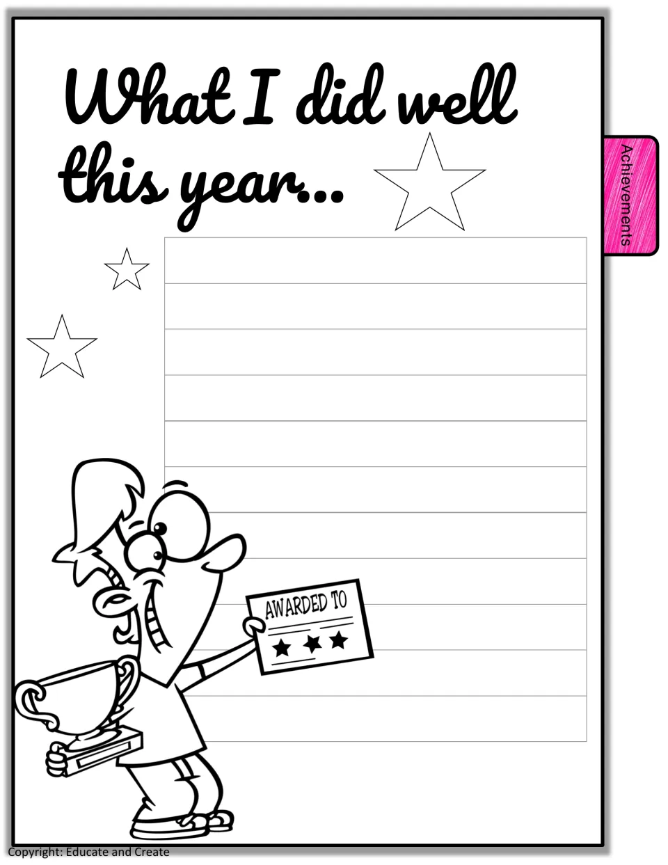 Achievements reflection: students complete the prompt 'What I did well this year...' beside a cartoon kid holding a trophy