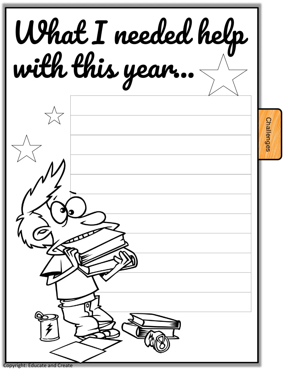 Challenges reflection: students write about 'What I needed help with this year...' beside a student carrying books