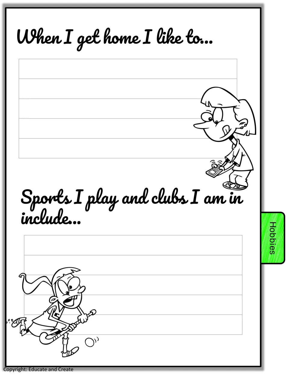 Hobbies page: students write what they like to do after school and which sports they play and clubs they belong to